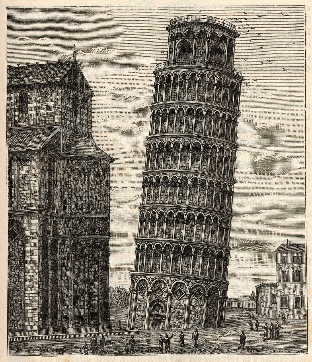 ピサの塔 - Torre di Pisa - Tour de Pisa - Alexis Clercによる「科学を身近に-物理学と化学」の版画 - 19世紀末 - 個人蔵 作： フランス語学校