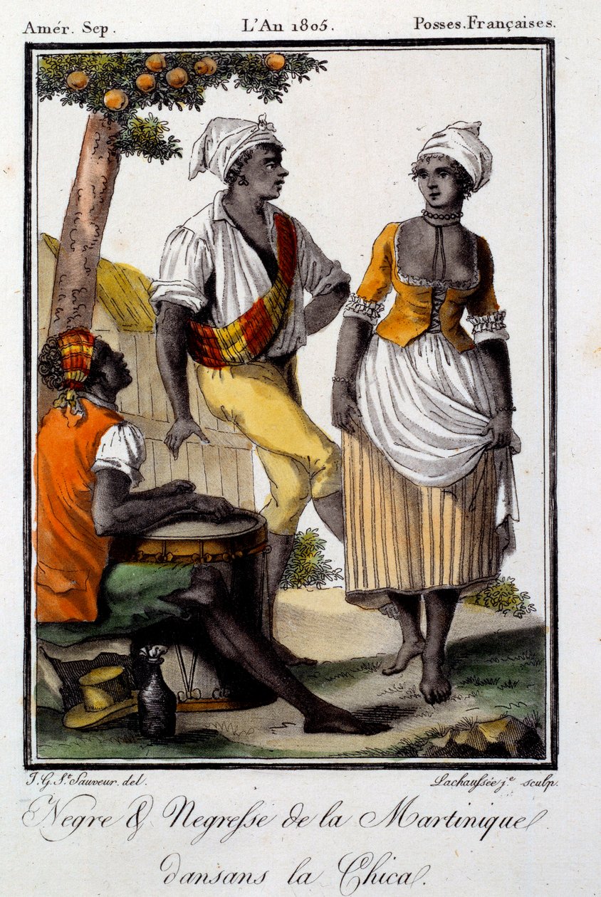 伝統的なダンス：チカを踊るマルティニークの住人たち。1805年のエングレーヴィング。シャルトル、美術館 作： フランス語学校