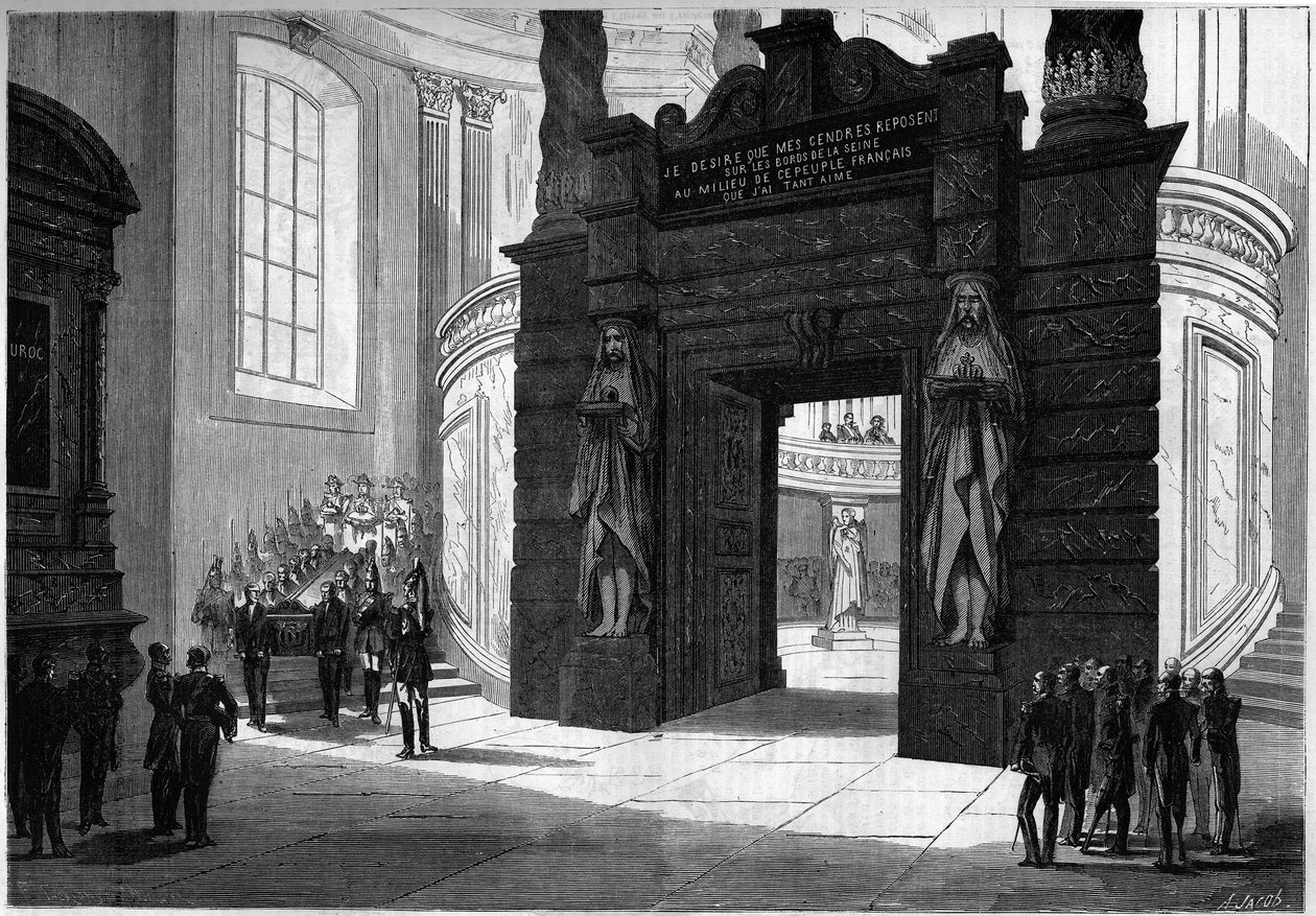 ナポレオン1世（1769-1821）の遺灰をサン・ジェローム礼拝堂からアンヴァリッドのドームの下に作られた墓に移す。1861年4月2日、パリ。1861年4月13日付「Le Monde Illustré」209号に掲載されたエングレーヴィング。 作： フランス語学校