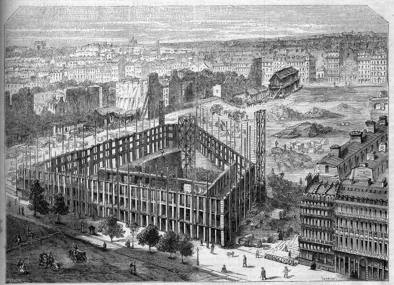 第二帝政期のパリの変貌、パリ・オスマン：ホテル・ドゥ・ラ・ペの建設と、ヌーヴ・デ・マチュラン通り、アンタン通り、カプシーヌ大通りに挟まれた、将来のオペラ・ガルニエの位置の眺め。Eng 作： フランス語学校