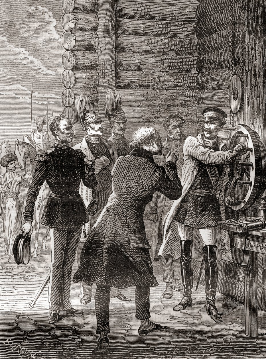 1833年、モスクワとワルシャワの間にクロード・シャップのセマフォを改良した電信線を開通させたニコライ1世（1870年頃出版の『科学の傑作』より）。 作： フランス語学校
