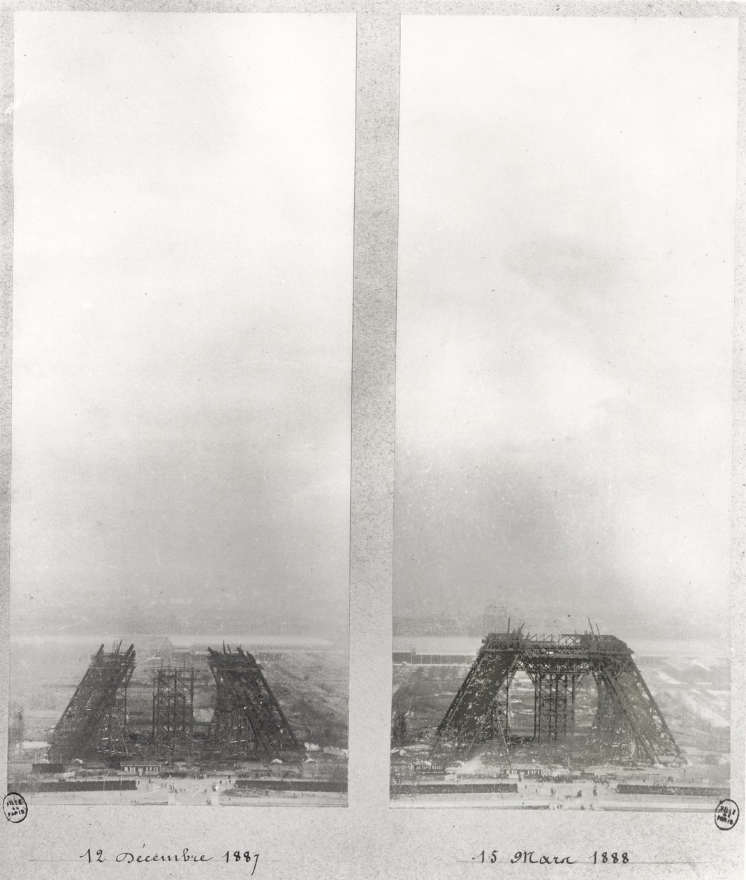 1887年12月12日と1888年3月15日、パリのエッフェル塔の建設の2つのビュー 作： フランス語学校