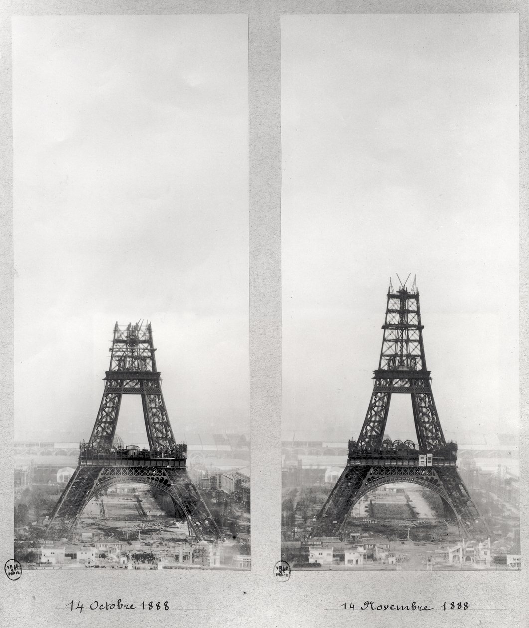1888年10月14日と11月14日のパリ、エッフェル塔の建設の2つのビュー 作： フランス語学校