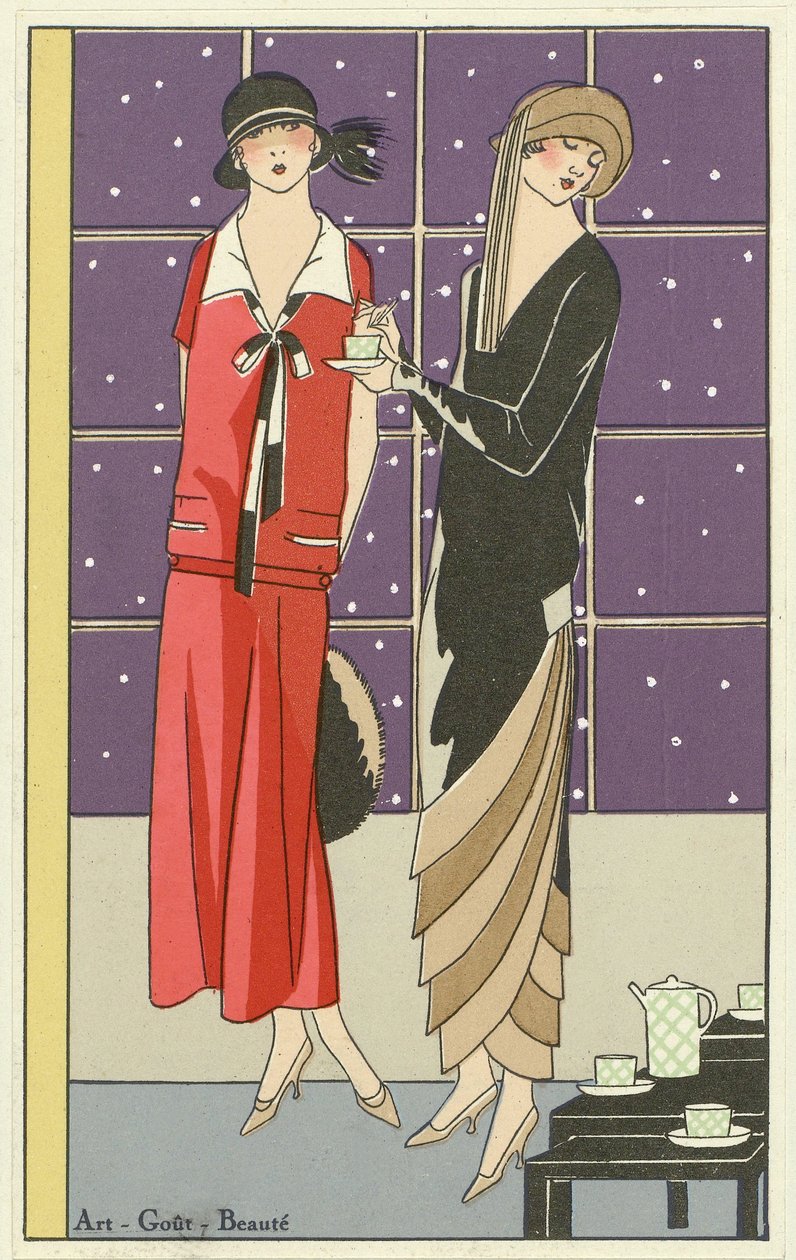 Art-Goût-BeautéパブのJeanPatouとBeerによるお茶を飲み、デザインを着た2人の女性。 1924年 作： フランス語学校
