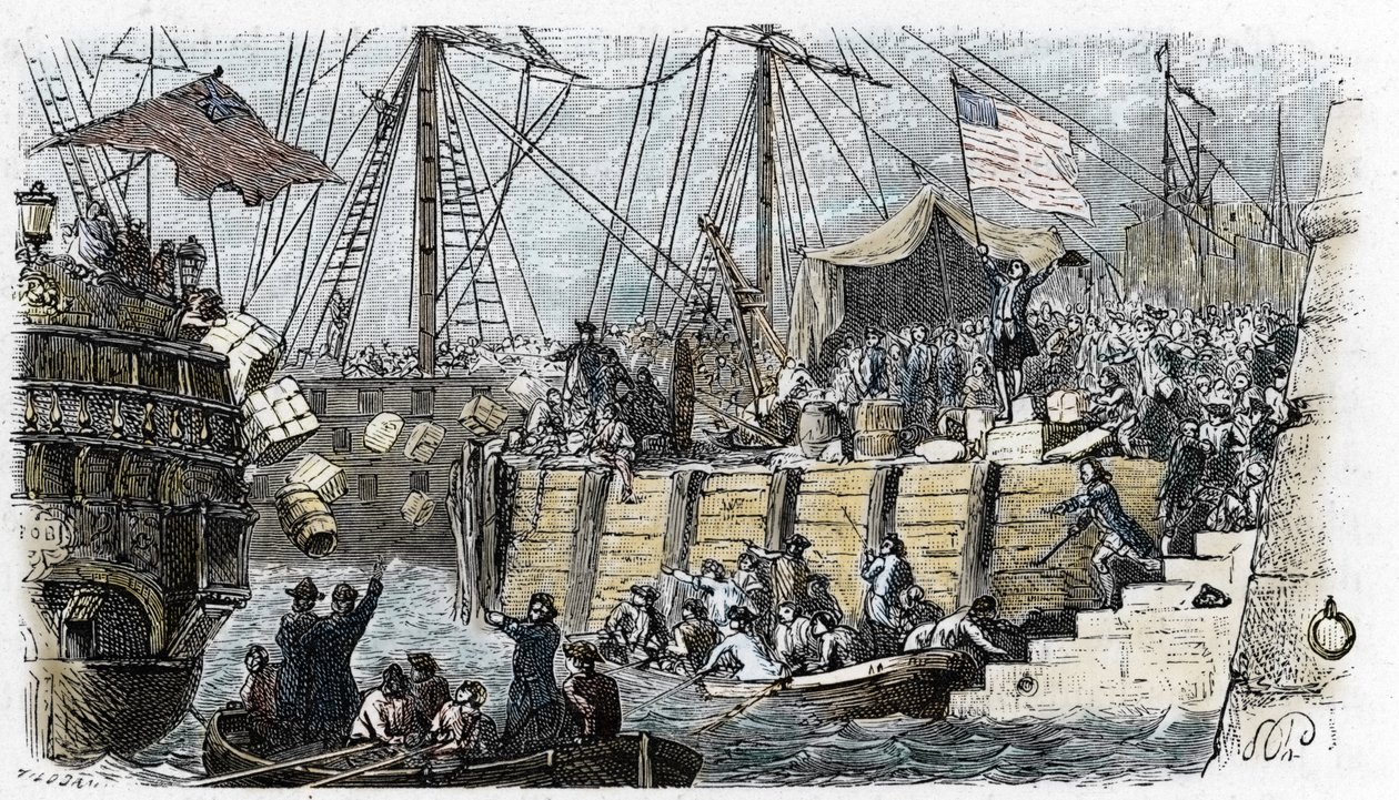 Guerra da Independência dos Estados Unidos: revolta dos colonos americanos (de origem britânica) contra os impostos impostos pelo Parlamento inglês sobre o chá e outros gêneros alimentícios. Eles se disfarçam de índios e jogam a carga do chá no mar após en 作： フランス語学校