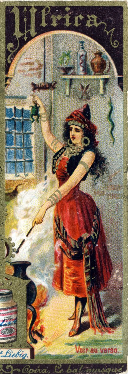 1859年に制作されたジュゼッペ・ヴェルディのオペラ「Le bal masque」に登場するUlrica。女性的な衣装とオペラをテーマにした女性名のアルファベット。リービッヒ広告のクロモリトグラフ。 作： フランス語学校