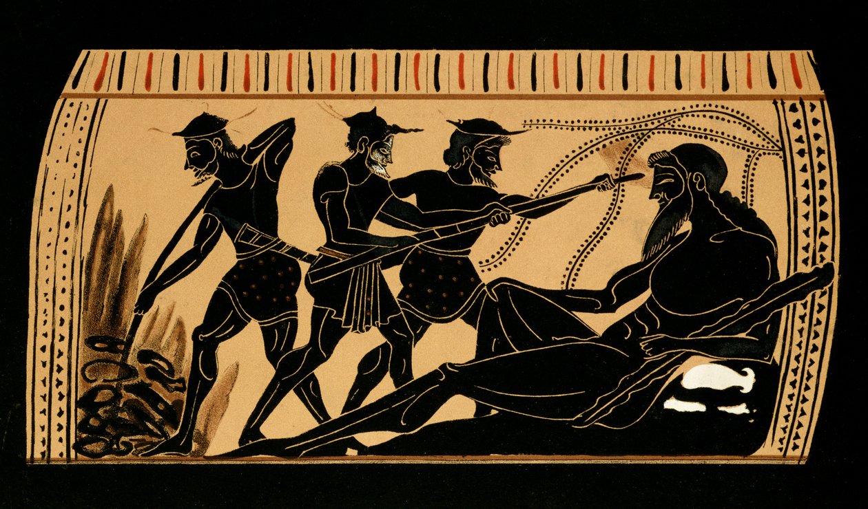 ユリシーズとその仲間たちがサイクロプスポリフェムスの目をくりぬいていた、1887年の古代ギリシャの壺からの挿絵 作： フランス語学校