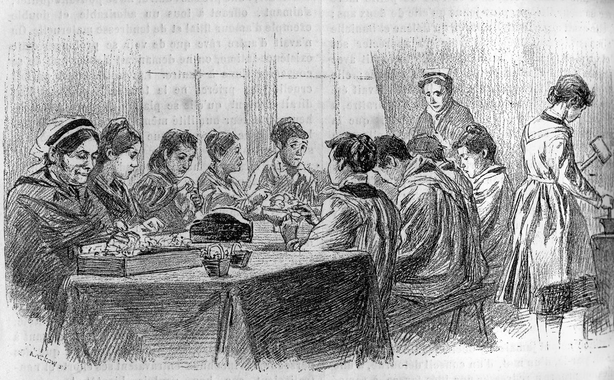パリのサルペトリエールで行われた若いバカな女の子のためのワークショップ（『le journal de la jeunesse』1887年所収）。 作： フランス語学校