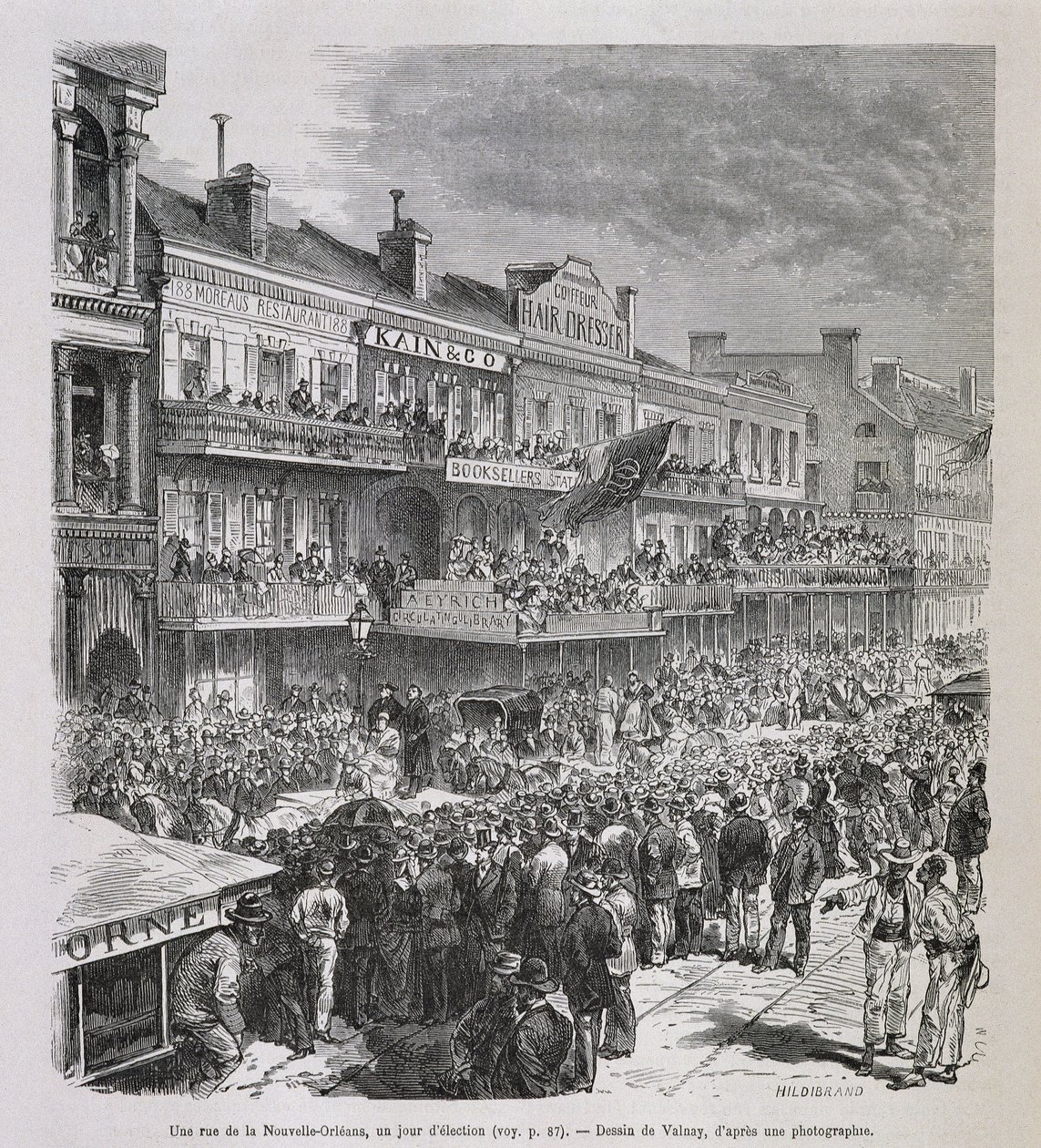 1875年の選挙の日のニューオリンズの街 - 1876年後期の「Le Tour du Monde」にて 作： フランス語学校
