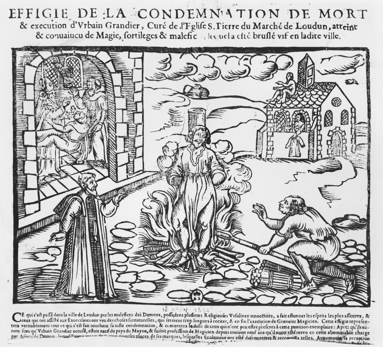 アーバングランディエは1634年のラウダン所有の出来事の後、火をつけられました（木版画） 作： フランス語学校