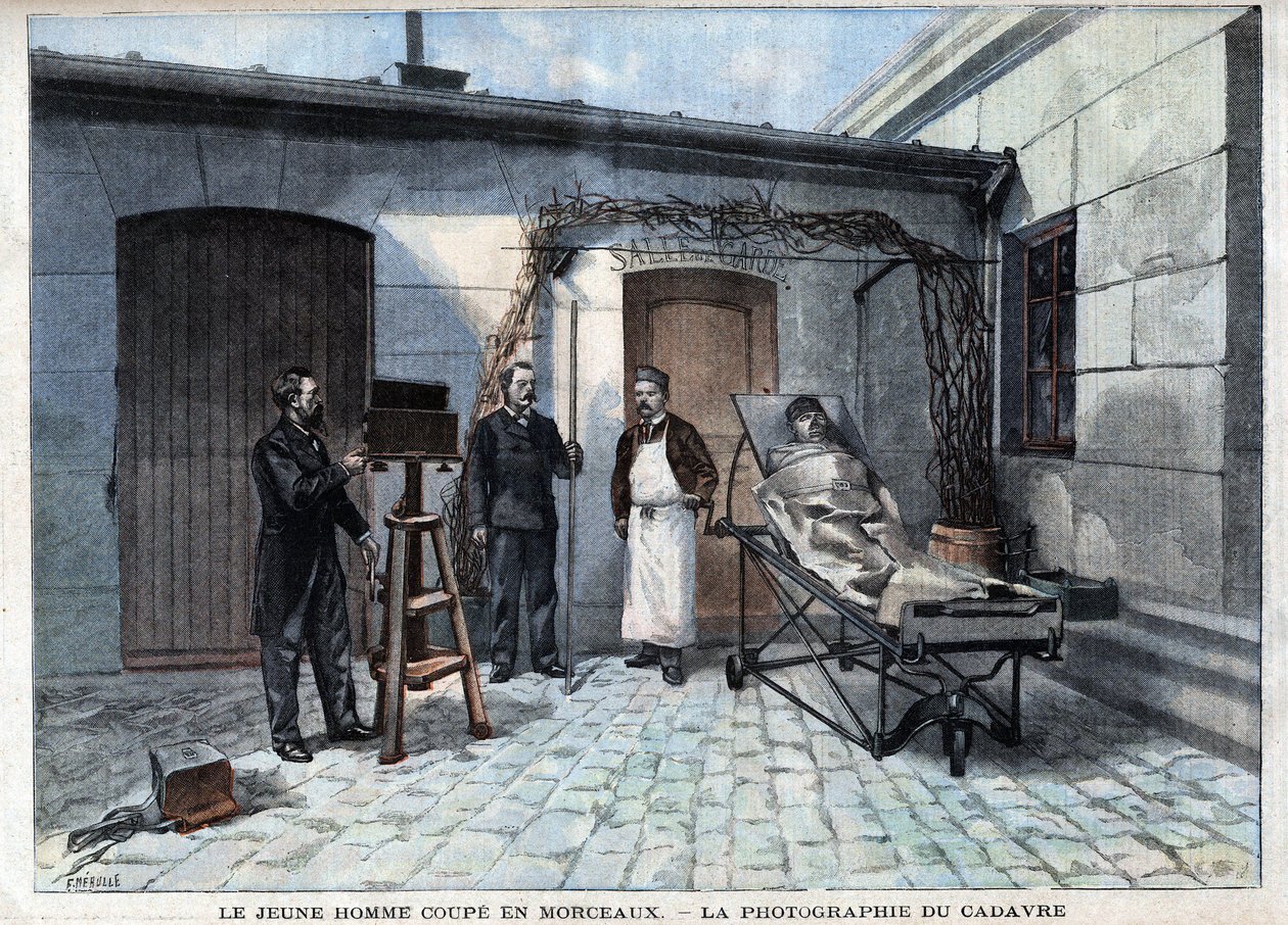 様々な事実：人体計測の生みの親であるフランスの科学者、アルフォンス・ベルティヨン（1853-1914）のサービスによって切り刻まれた死体の写真。- ル・プティル・パリジャン」にて 作： フランス語学校