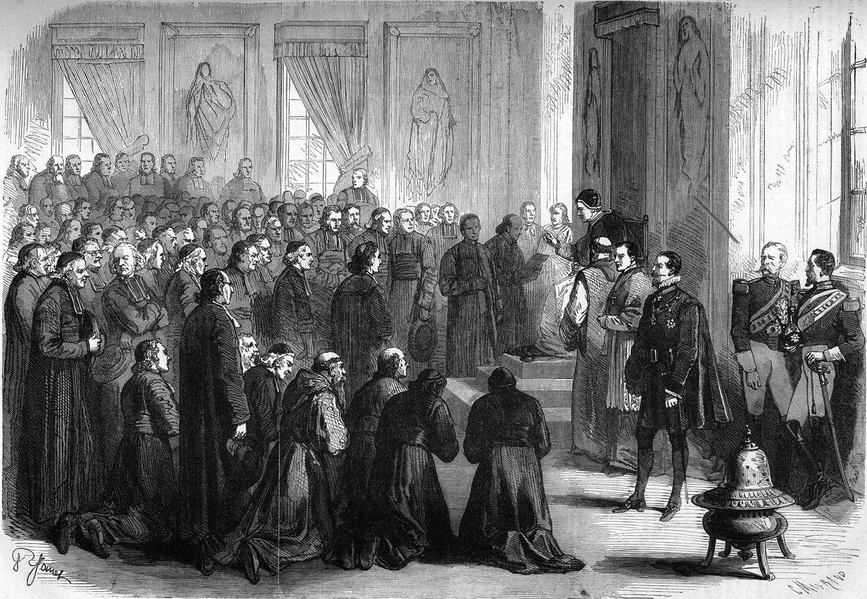 バチカン公会議第1回（1869～1870年）。教皇ピウス9世（1792-1878）は、エヴェック派に従うフランスの教会家たちを一般謁見した。 作： フランス語学校