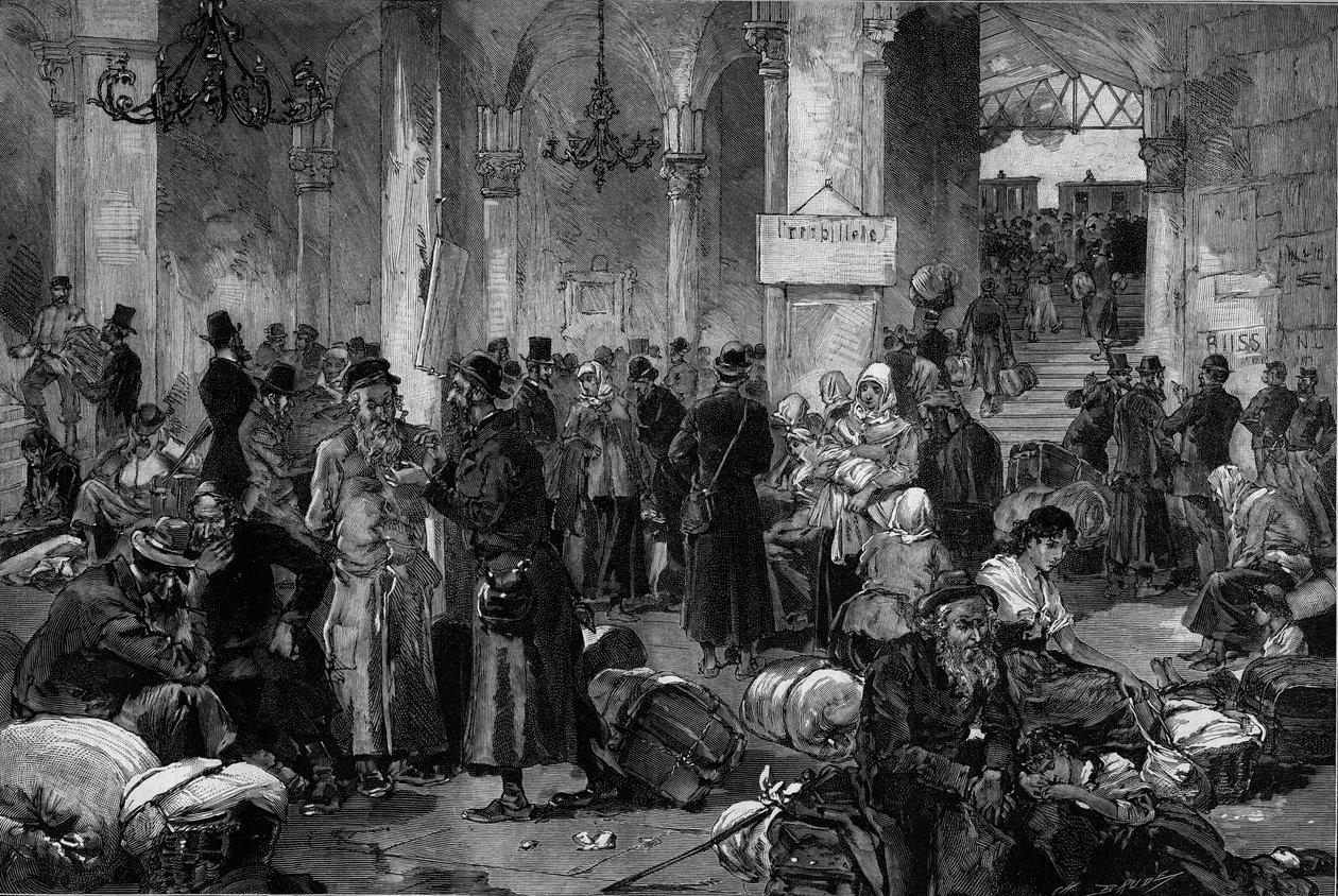 ウィーン1882年、北ファーンの失われた原因のホール：ロシアで起きた反ユダヤ主義運動が宥められた後に追放されたユダヤ人の送還、"Le Monde Illustre "より。 作： フランス語学校
