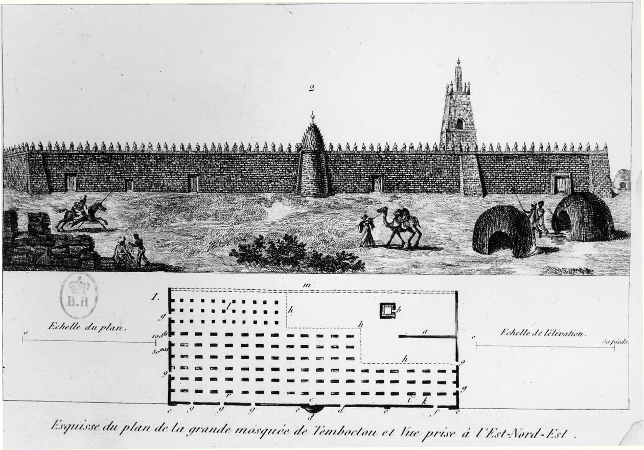 ジャーナルドゥンボヤージュトンブクトゥ（ルネケイリー作）（1799〜1838年）、1830年、ティンブクトゥの大モスクの眺めと計画 作： フランス語学校