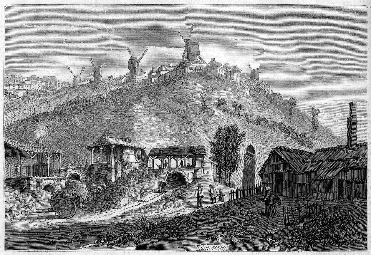 1860年にパリ市になる前の1859年のモンマルトルの風景。サン・ドニ平原からの眺め。1859年12月24日付「Le Monde Illustré」141号に掲載された図版。 作： フランス語学校