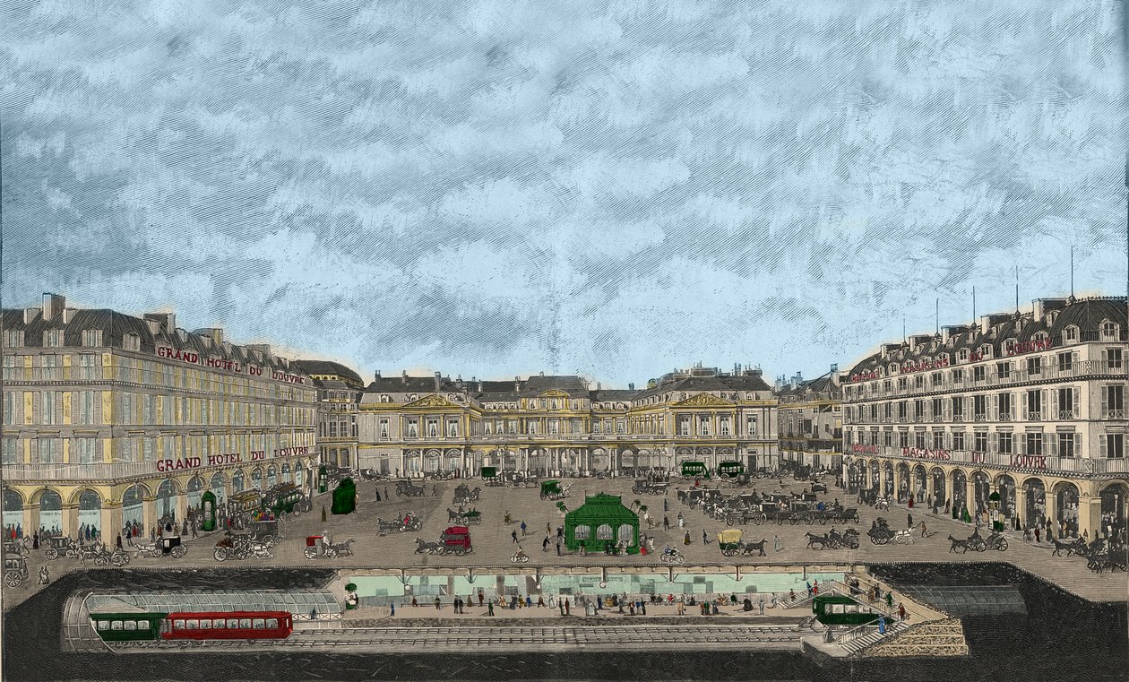 パレ・ロワイヤルとリヴォリ通りの眺めと首都圏鉄道駅の断面図 1898年（カラー・エッチング 作： フランス語学校