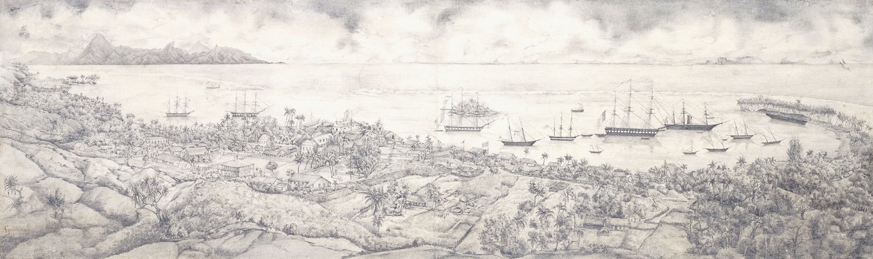 19世紀半ば、タヒチ島パペーテのモーレア島に向かって港を見下ろす景色 作： フランス語学校