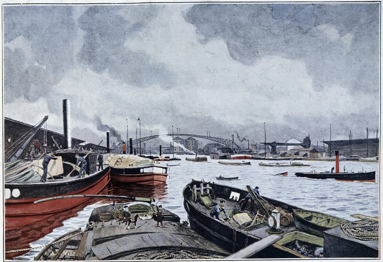 パリの景色、セーヌ川とヴィレットの盆地、ブランの水彩画。1889. 作： フランス語学校