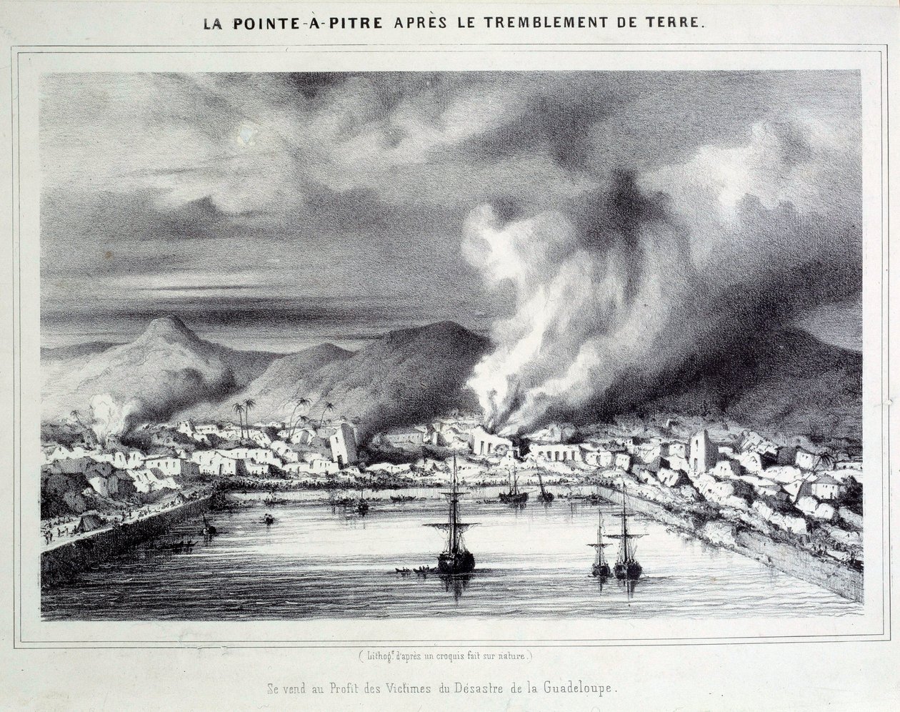 1843年8月2日の地震後のポワント・ア・ピートル（Pointe-a-Pitre）の眺め。19世紀のエングレービング シャルトル、ボザール美術館 作： フランス語学校