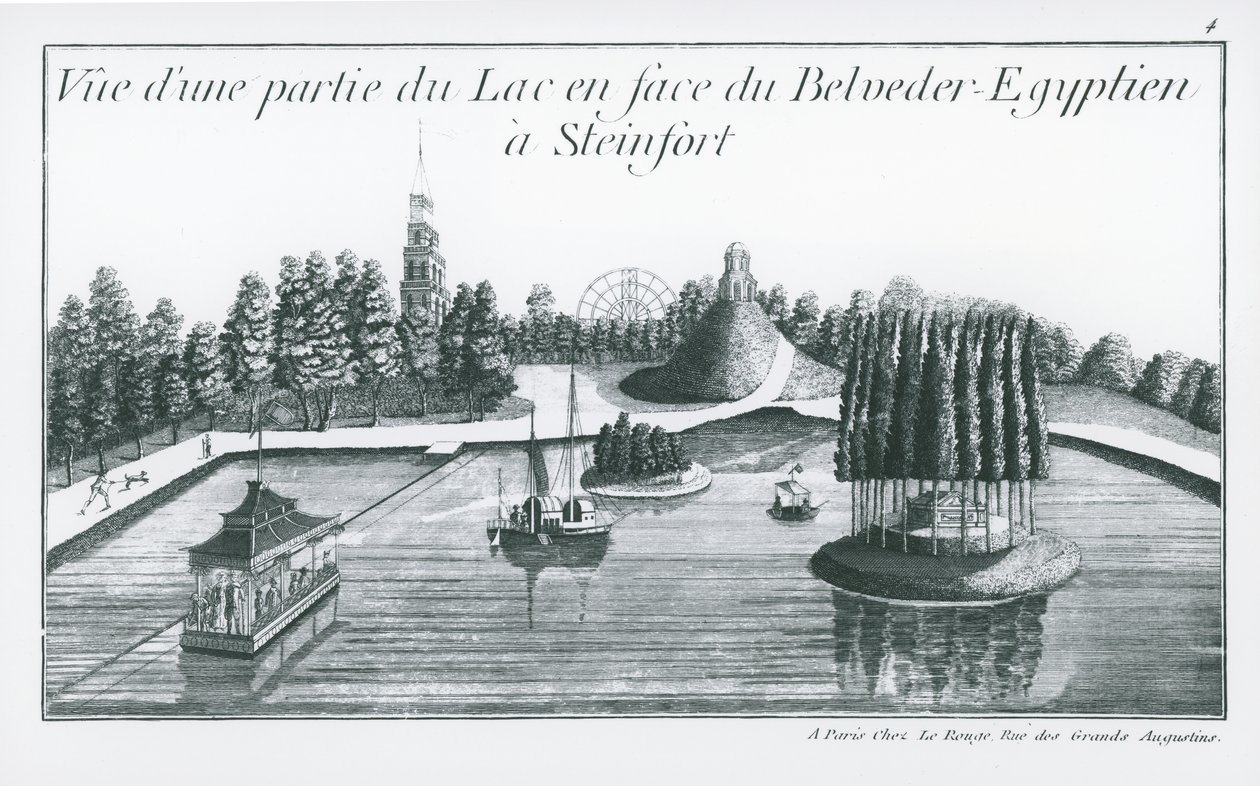 スタインフォールのベルヴェデーレ宮殿前の湖の一部。ジョージ・ルイス・ルルージュ著「Jardins Anglo-Chinois de la Mode」（1776-90年刊）より（エングレーヴィング）（モノクロ写真）。 作： フランス語学校