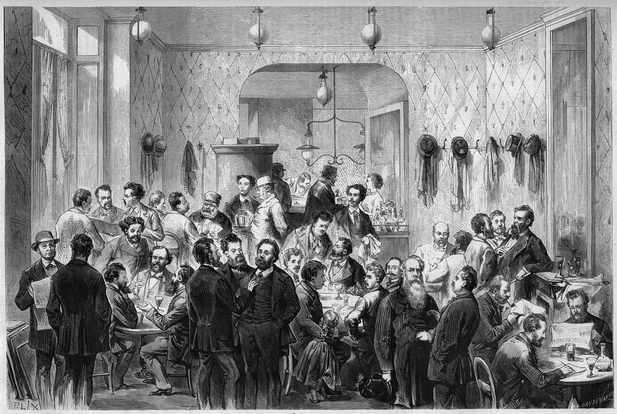 パリ・コミューンとリヨン・コミューンの避難所が集まったジュネーブの「カフェ・デュ・ルヴァン」の様子。左から右に代表者がいる。左からマッセ、シルディ、アンディニュス、ジュール・フランツ、ジュール・ムティル、ガイヤール（父子）、ペラーレ、J・ゲスド、L. 作： フランス語学校