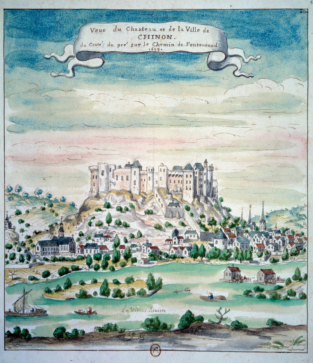 シノン・シャトーの眺め フランス派の水彩画。1699年 パリ、B.N. 作： フランス語学校