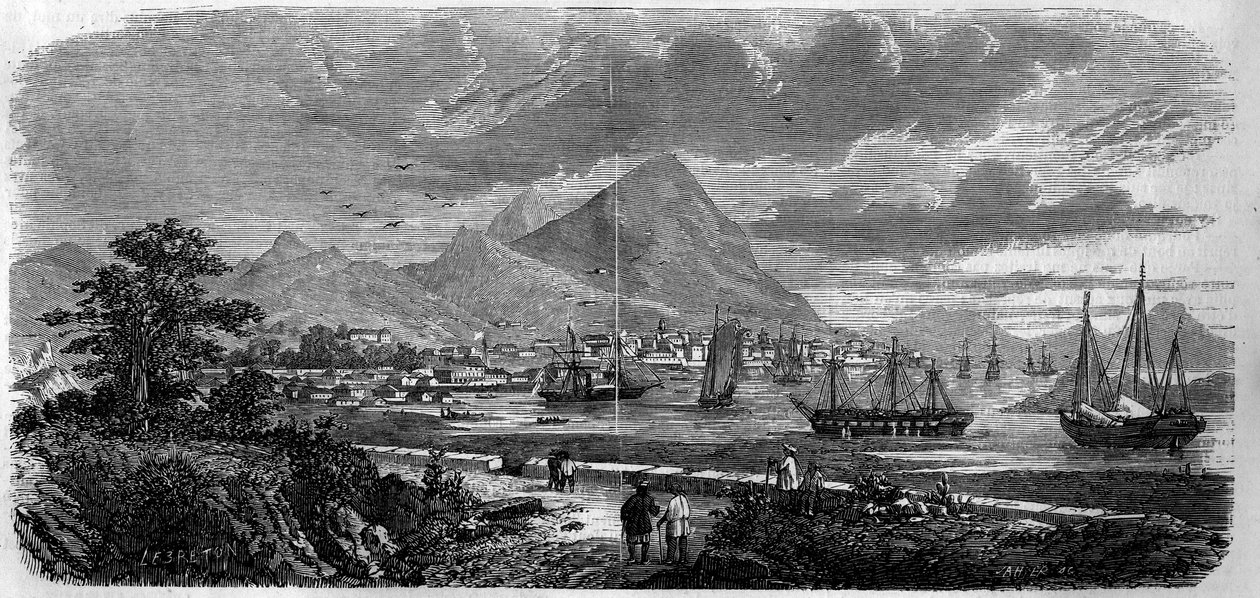 1857年の香港(ホンコン)市(カントンベイ島)の眺め。1857年10月31日付の「Le Monde Illustré」n°29に掲載されたエングレーヴィング。 作： フランス語学校