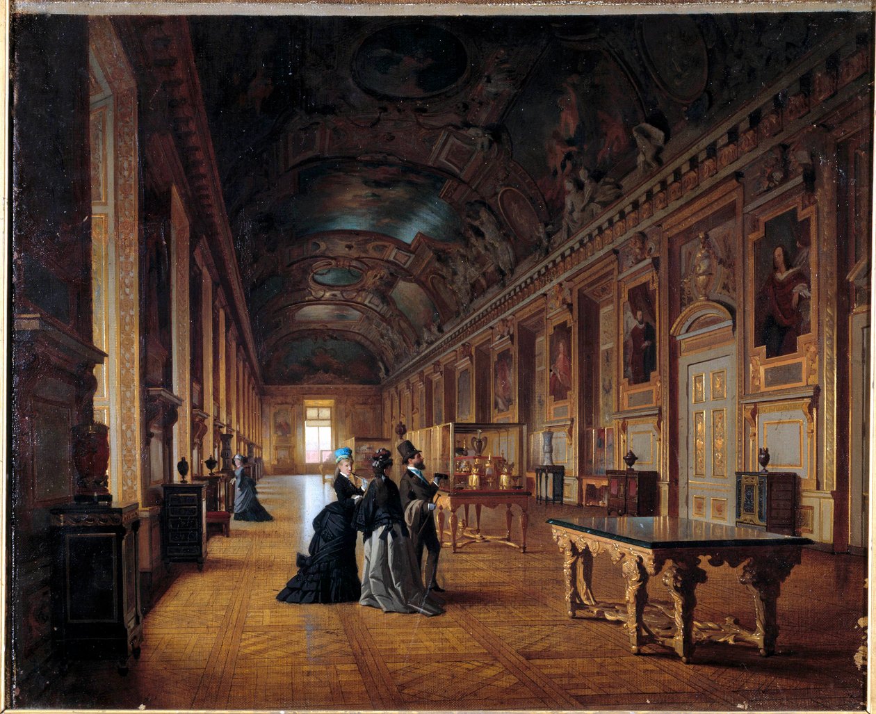 ルーヴル美術館アポロンのギャラリーの様子 絵画を鑑賞する来場者。フランス派の絵画。1880年頃 太陽 0.46x0.55 m。 作： フランス語学校