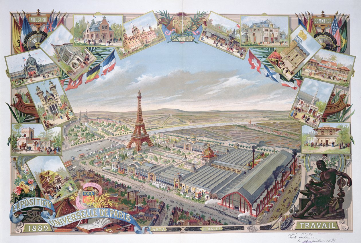1889年のさまざまなパビリオンとエッフェル塔のある万国博覧会の眺め 作： フランス語学校