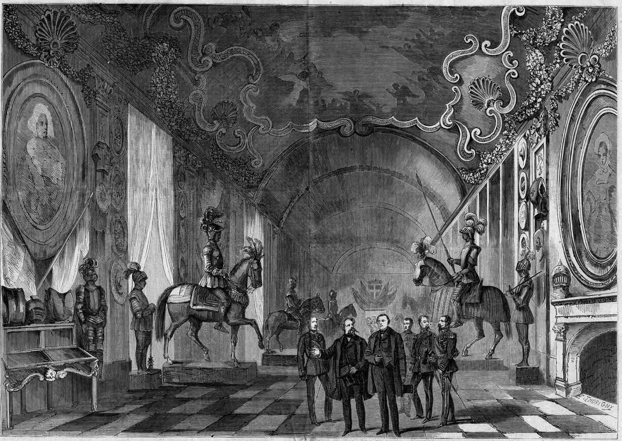 ヴィクトル・エマニュエル2世（ヴィットリオ・エマニュエル）（Victor-Emmanuel）（1820-1878）とナポレオン皇太子（1822-1891）が訪問した際のトリノ宮殿の武器庫（イタリア）の様子 作： フランス語学校