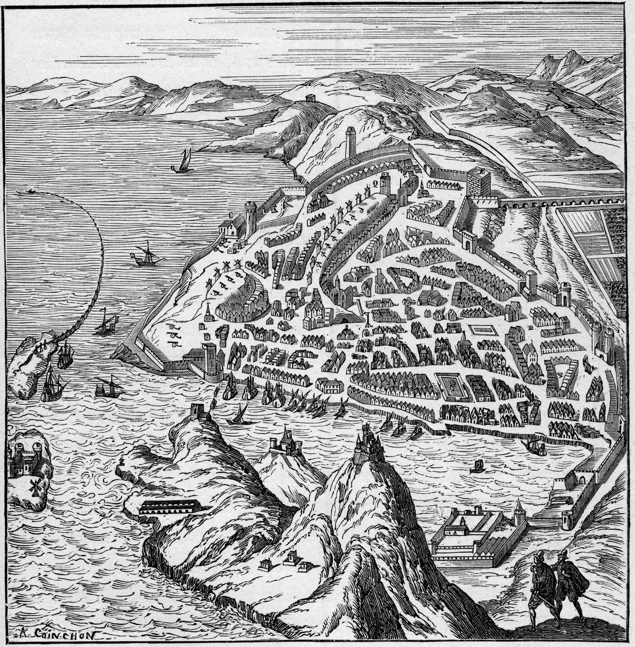 16世紀のマルセイユの街と港の風景。エングレービング "La Marine et les colonies: commerce" より 作： フランス語学校
