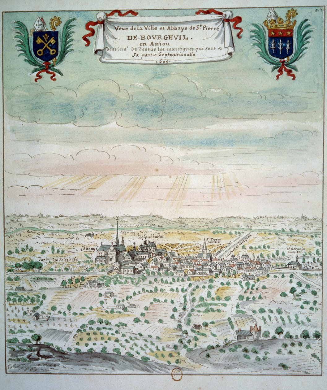 市街地とサン・ピエール・ド・ブルグイユ修道院の眺め フランス派の水彩画。1699年 パリ、B.N. 作： フランス語学校