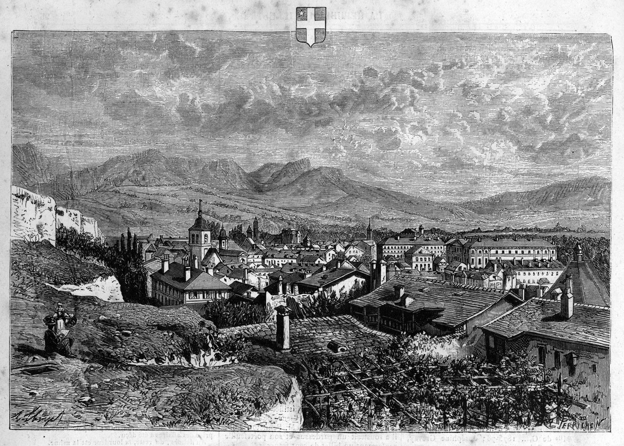 サヴォイのシャンベリの街の風景。La republique illustree "の個人コレクションにある1880年のエングレーヴィング。 作： フランス語学校