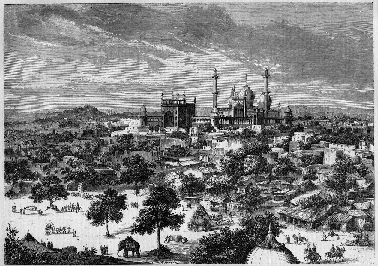 1857年のデリー（インド）の街の風景。アレクシス・ソルティコフ公爵のスケッチより。1857年8月29日付「Le Monde Illustré」第20号に掲載されたベルトランの版画。 作： フランス語学校