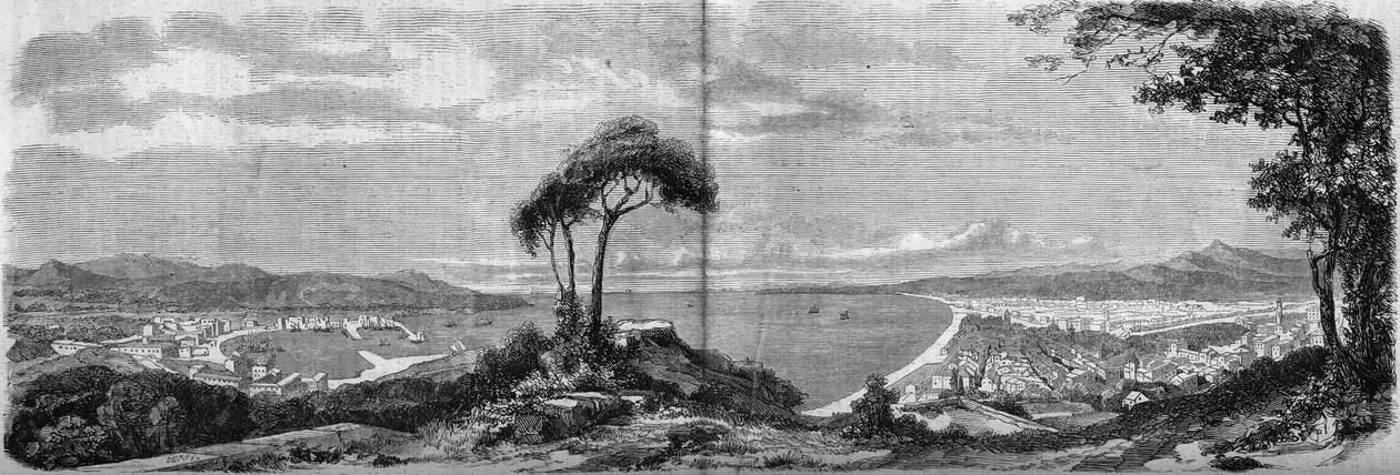 1860年のニースの街の風景。1860年4月14日付「The Illustrous World」157号に掲載された図版。 作： フランス語学校