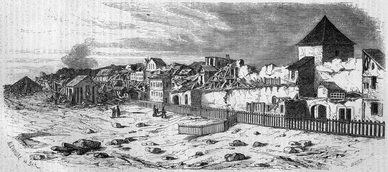 1857年に火薬庫が爆発した後の、マインツ（ドイツ）のカストリッチ市の地区の様子。写真より。1857年12月19日付の "Le Monde Illustré "36号に掲載されたエングレーヴィング。 作： フランス語学校