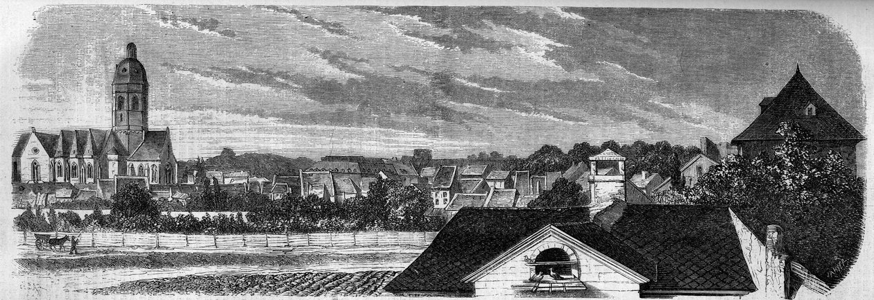 1857年に火薬庫が爆発する前の、マインツ（ドイツ）のカストリッチ市の地区の様子。写真より。1857年12月19日付の "Le Monde Illustré "36号に掲載されたエングレーヴィング。 作： フランス語学校