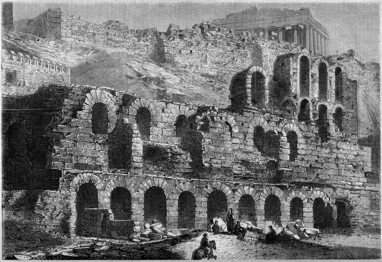ギリシャのアテネスにあるヘロデ・アティコスのオデオン（161年建設）の遺跡の眺め 作： フランス語学校