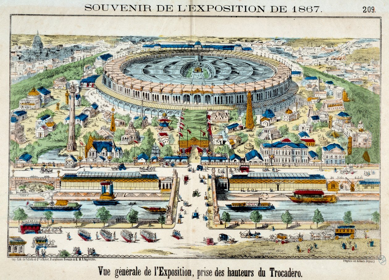 パリのトロカデロから見た世界博覧会。1867年 エングレーヴィング。パリ、カーニバル博物館 作： フランス語学校