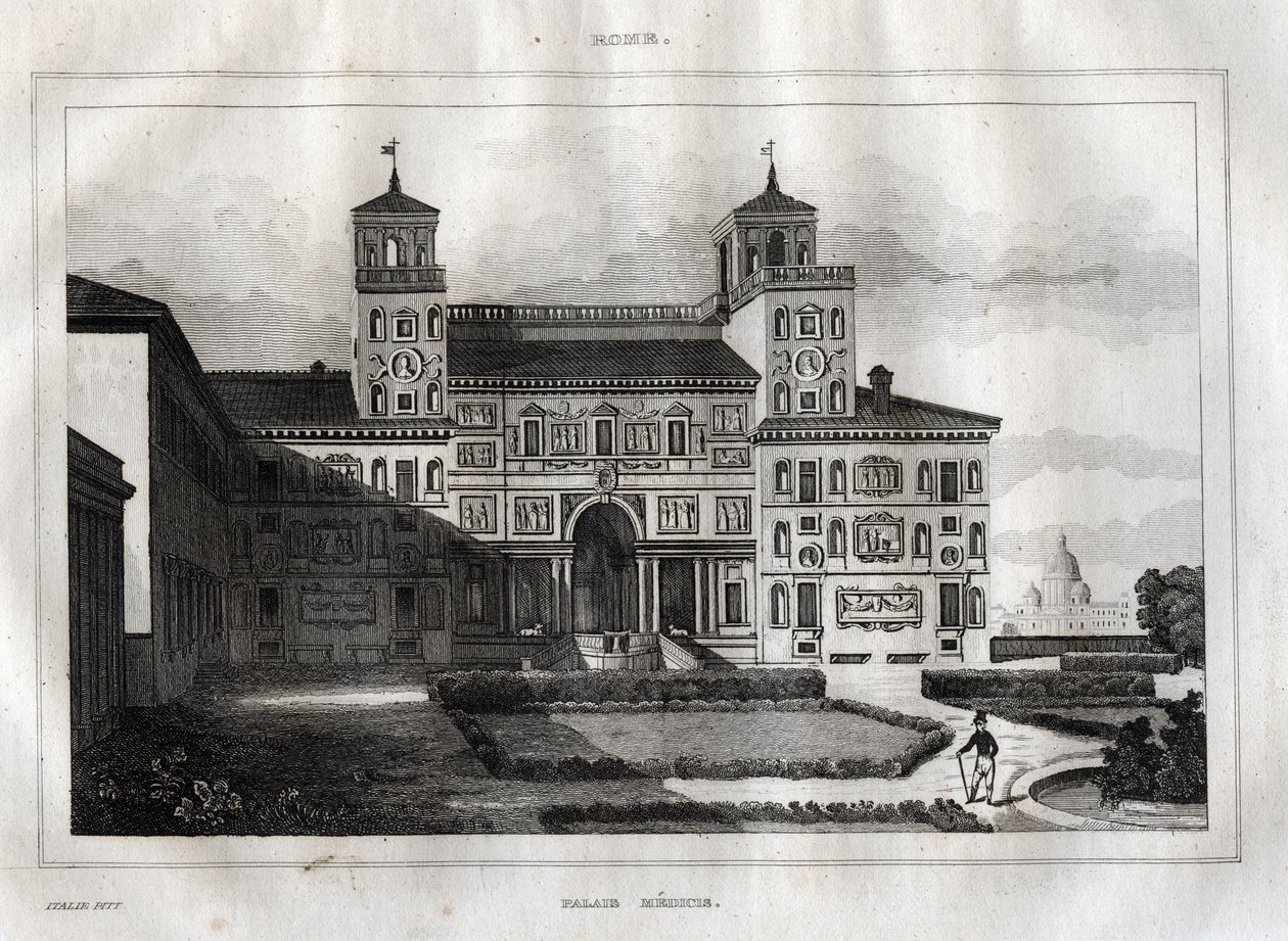 Villa Medici Rome - Villa Medicis - M. de Norvins, Ch. Nodier 1834-1836による "Picturesque Italy" - History and Descriptive Painting of Italyからのエングレーヴィング。 作： フランス語学校