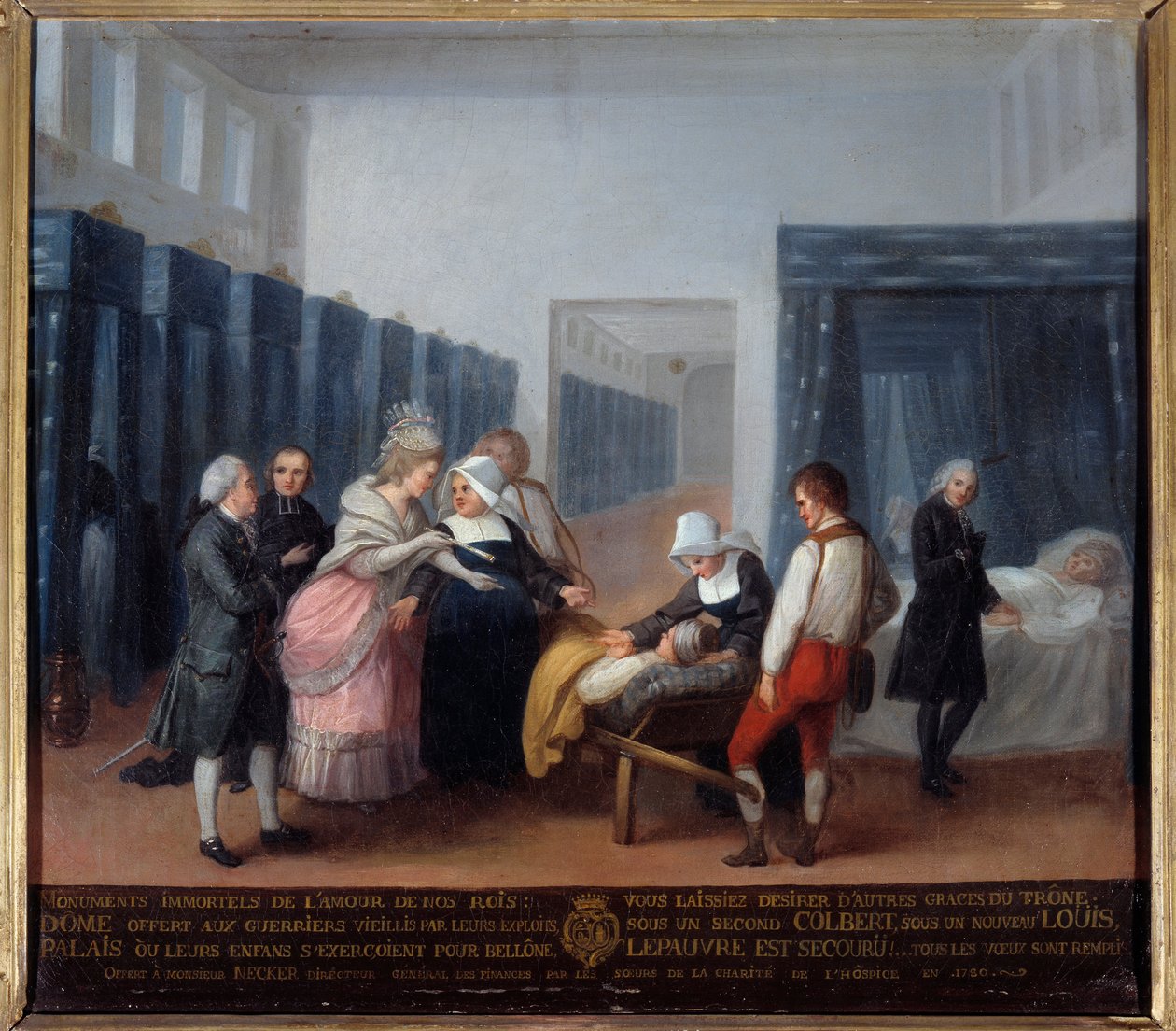 ネッカー夫妻の慈善ホスピス訪問 1778年に大臣とレトル夫人が設立した病院（現在のパリのネッカー病院）です。フランス派の絵画。18世紀。パリ、ピュブリク支援美術館 作： フランス語学校