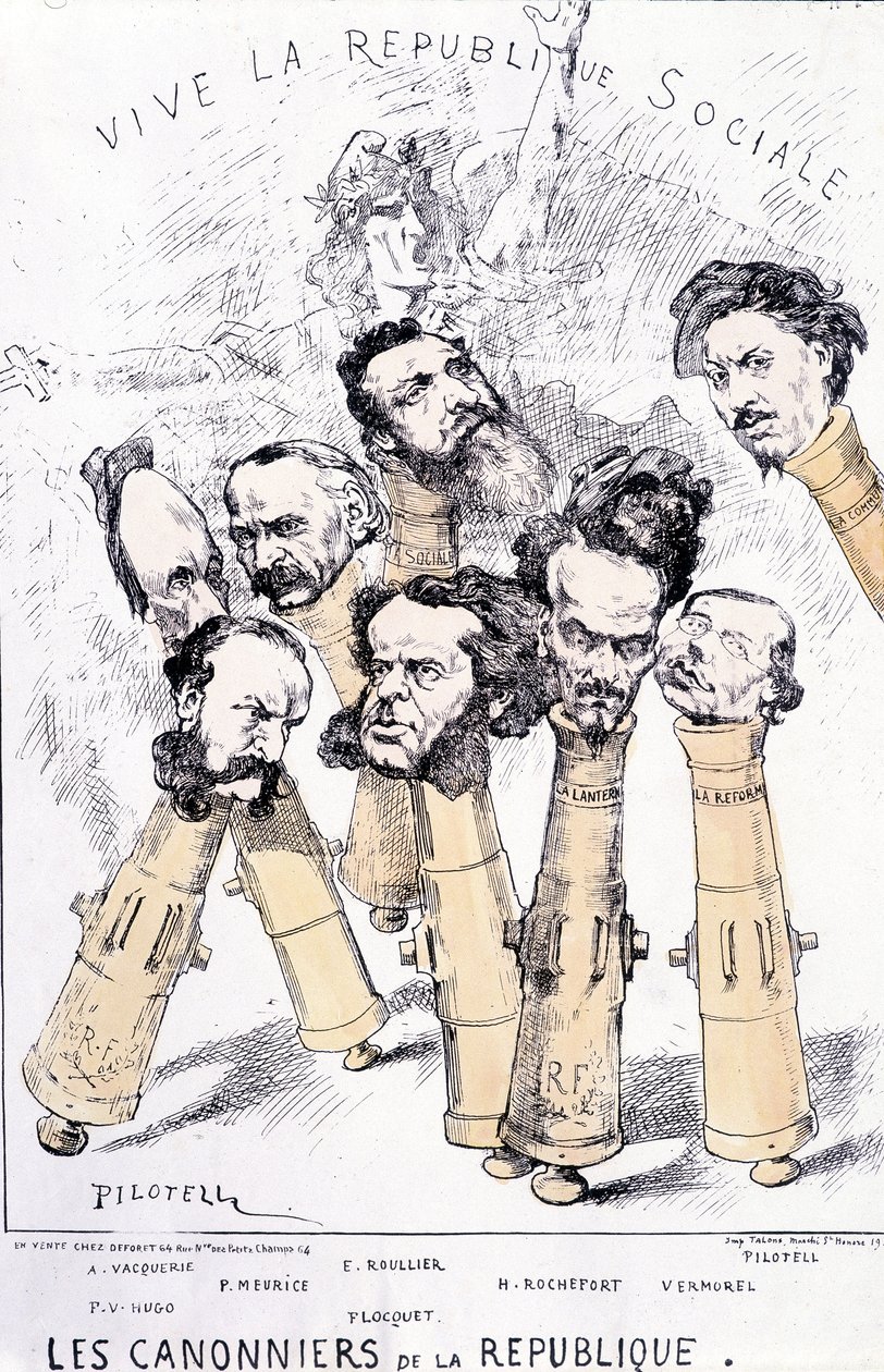 Vive la République sociale - 共和国の大砲：A.Vacquerie、F.V.Hugo、P.Meurice、E.Roullier、Flocquet、H.Rochefort、Vermorel、Pilotell。カートゥーン。 作： フランス語学校