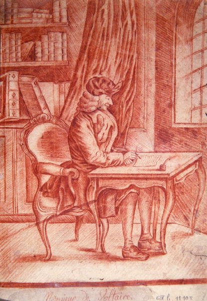 書斎で執筆するヴォルテール（1694-1778）、1765-75年頃（紙に赤チョーク） 作： フランス語学校