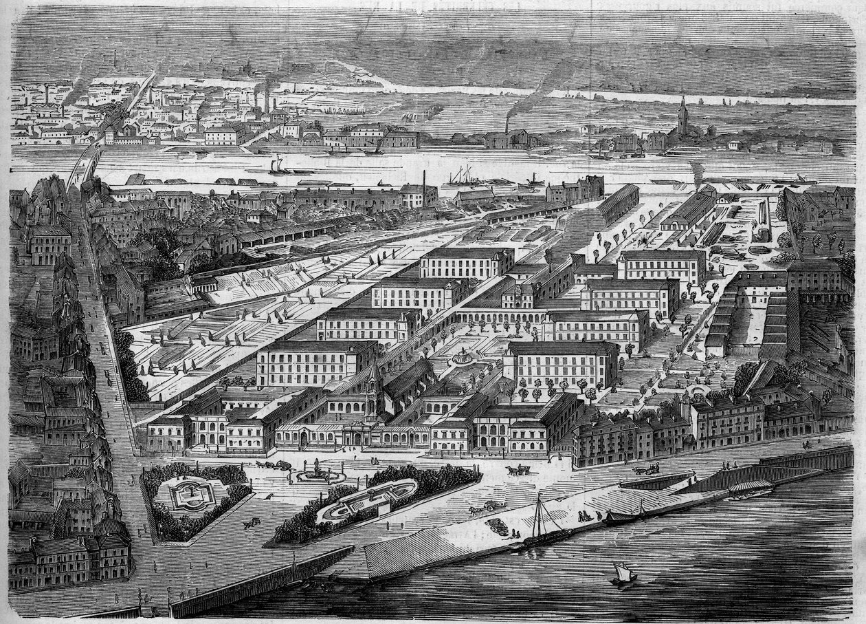 1863年に落成したナントのホテル・デュー（Hotel-Dieu）の外観。この病院は1943年の空襲でほぼ全壊する。Loire Atlantique (44).1863年12月5日発行の「Le Monde Illustre」347号に掲載された版画。 作： フランス語学校
