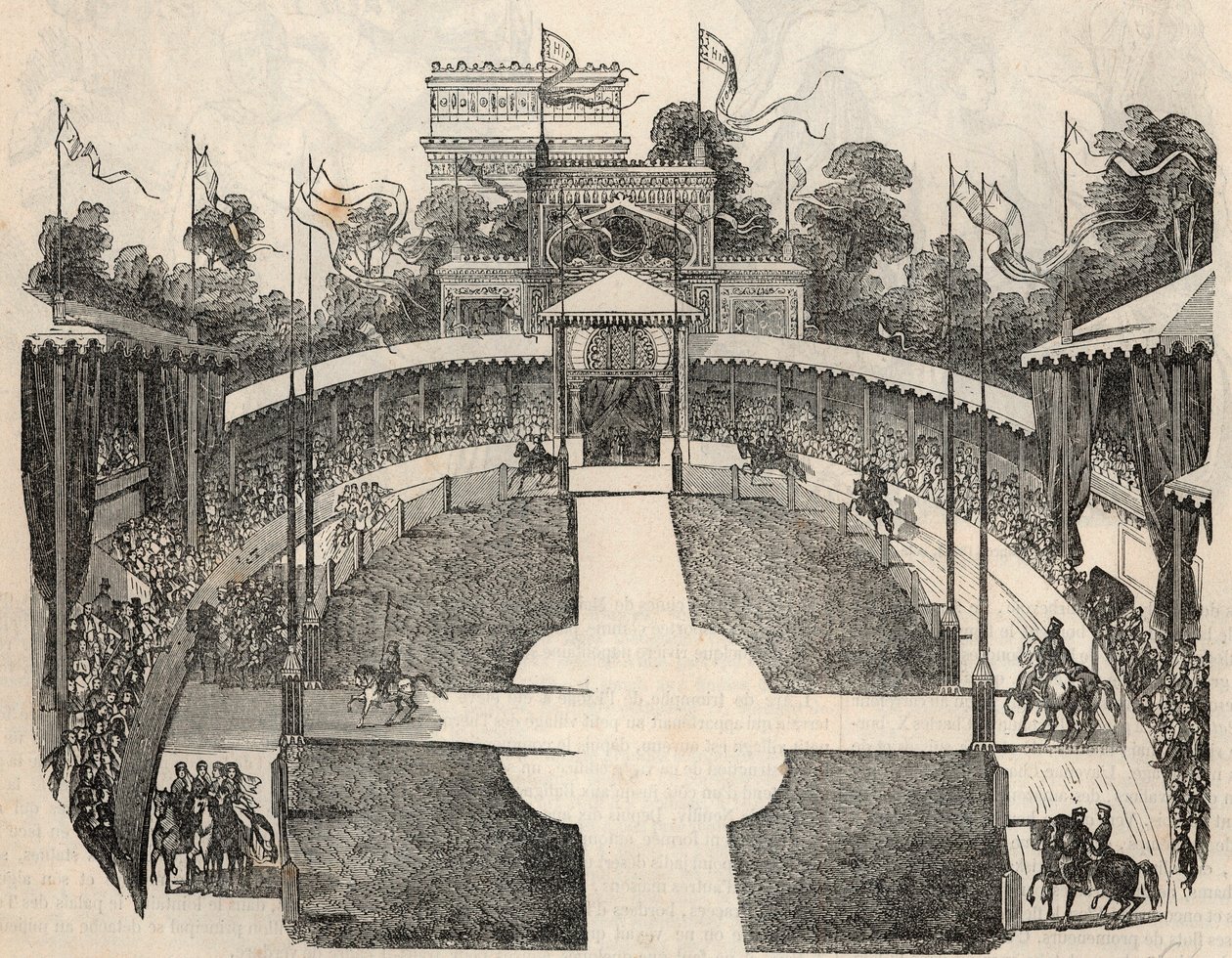 パリ、エトワール広場の競馬場の眺め - Edmond Texier 1852年の "Tableau-de-Paris "に掲載されたエングレービング 作： フランス語学校