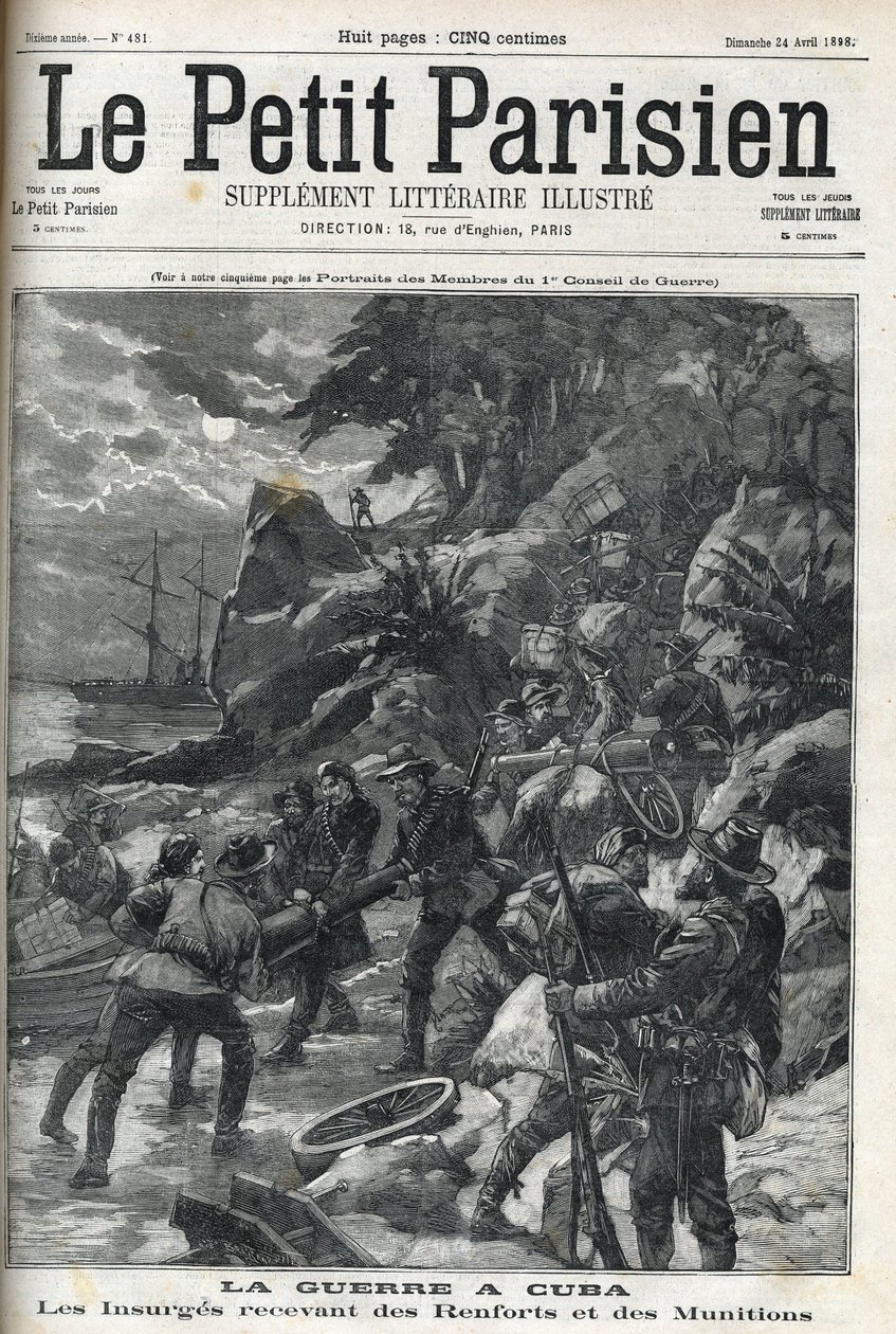 キューバの戦争（独立）。補強材と弾薬を受け取るインサージェスキューバ人は1895年にスペインの支配に対抗して立ち上がり、1896年にアメリカ人の助けを借りて戦争を終結させた。"The Little Parisien", 24/04/1898. 作： フランス語学校
