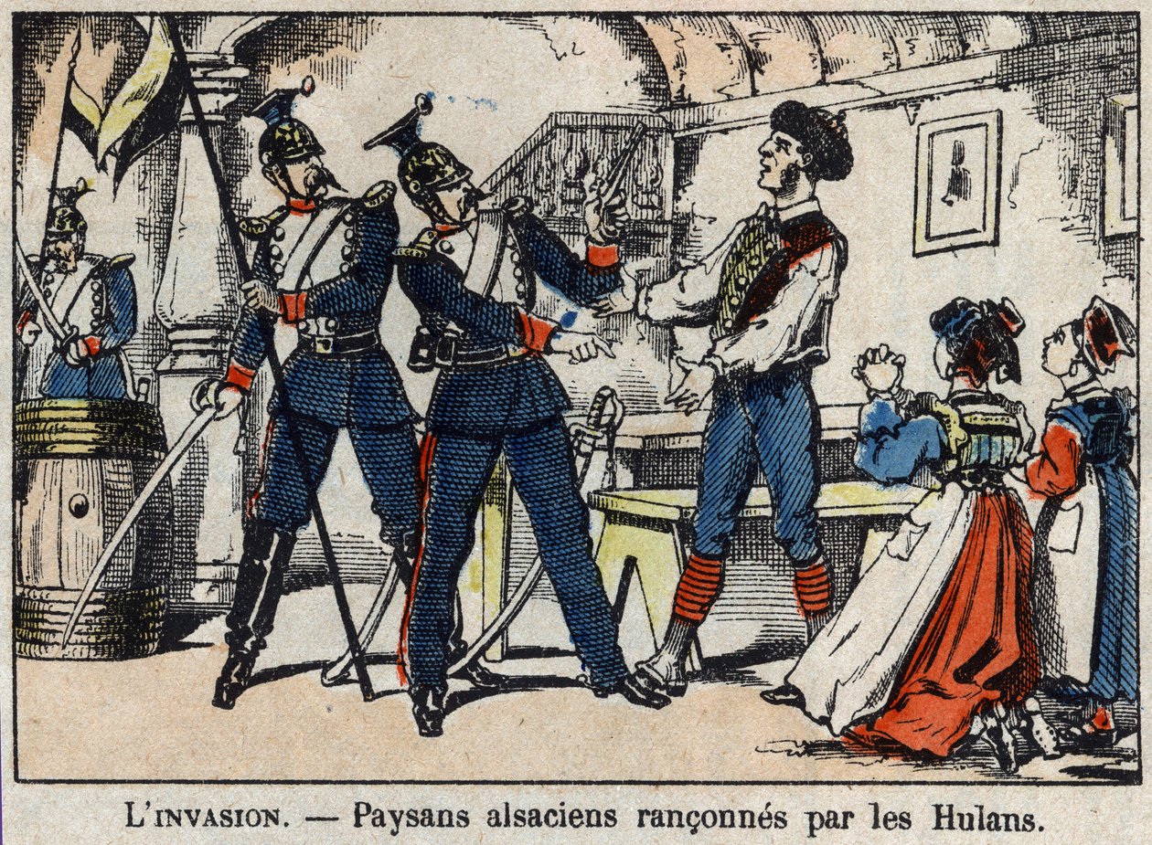 1870年のフランスとプロイセンの戦争。エピナルのヒューランズ（Uhlans、Houlans）のイメージでアルザスの農民が暴走。 作： フランス語学校