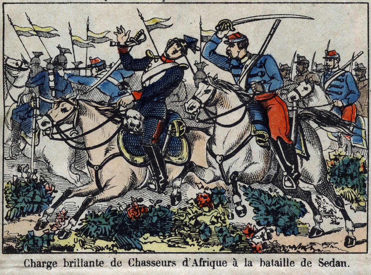 1870年のフランスとプロイセンの戦争：1870年のセダンの戦いでのアフリカ人ハンターの突撃。エピナルのイメージ。 作： フランス語学校
