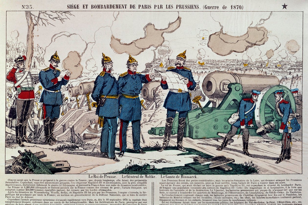1870年の戦争：プロイセン軍によるパリ市街の包囲と砲撃。プロイセン国王ウィリアム1世（1797-1888）、モルトケ将軍（1800-1891）、オットー・フォン・ビスマルク首相（1815-1898）が参謀となった。1870年のエングレーヴィング。パリ、カルナヴァレ美術館蔵 作： フランス語学校