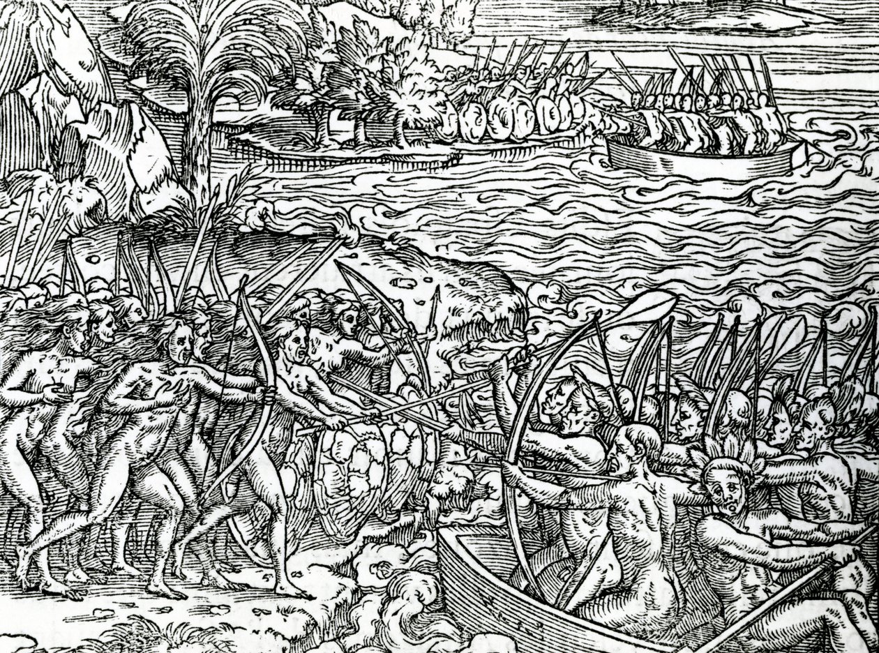 戦争シーン、ブラジル、アンドレドテヴェによる「フランス南極の特異点」のイラスト、1558 作： フランス語学校